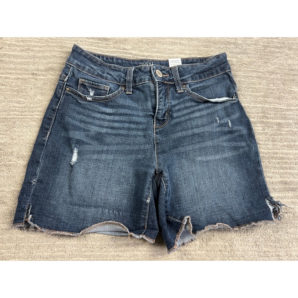 Time and Tru Denim Shorts Womens 4 Blue Mid-Rise Distressed Raw Hem Dark Wash - Picture 1 of 15